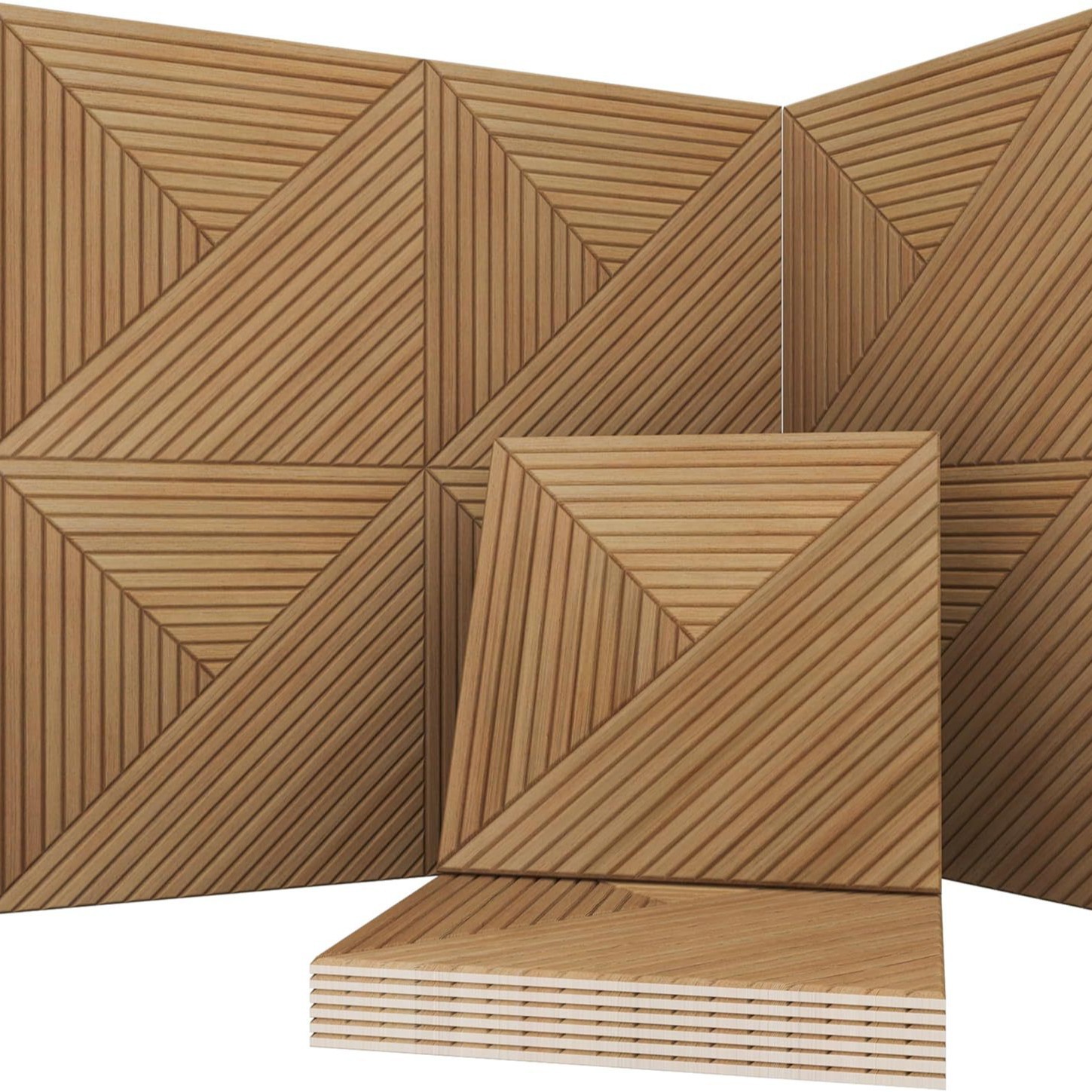 TEMU Lot de 6 panneaux acoustiques 3D en fibre de à grain de bois | Autocollants muraux décoratifs en , réduction du bruit et absorption acoustique,