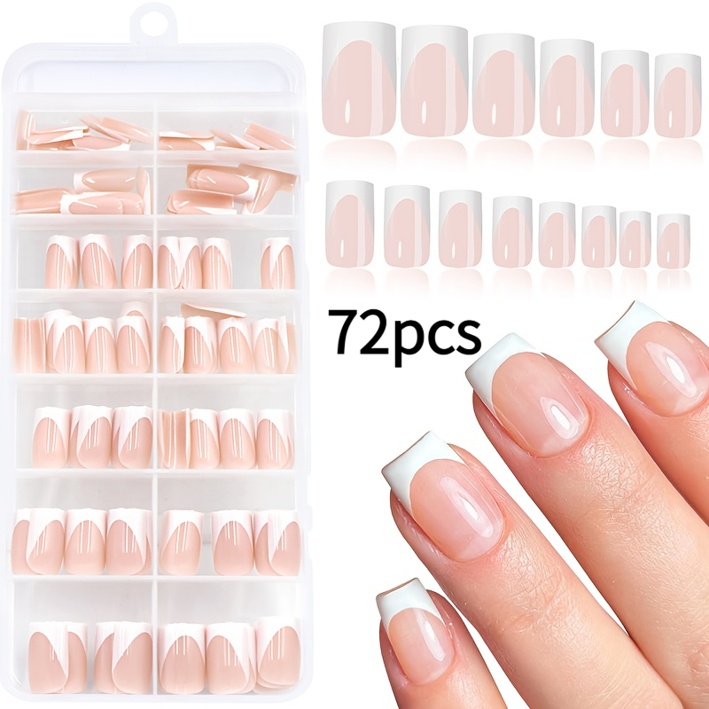 E-shop 72 Stück Kurze Quadratische Nude French Tip Press-On Nägel mit X Pre-Primer Base Coat, Glänzende Natürliche Spitze, Wiederverwendbar, Einfach