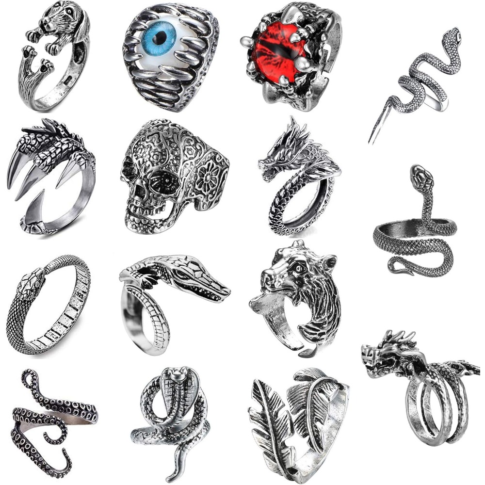 Image of 15pcs Vintage Punk Adjustable Rings With Dragon Snake Octopus Skull Designs Gothic Style For And , For Teenager