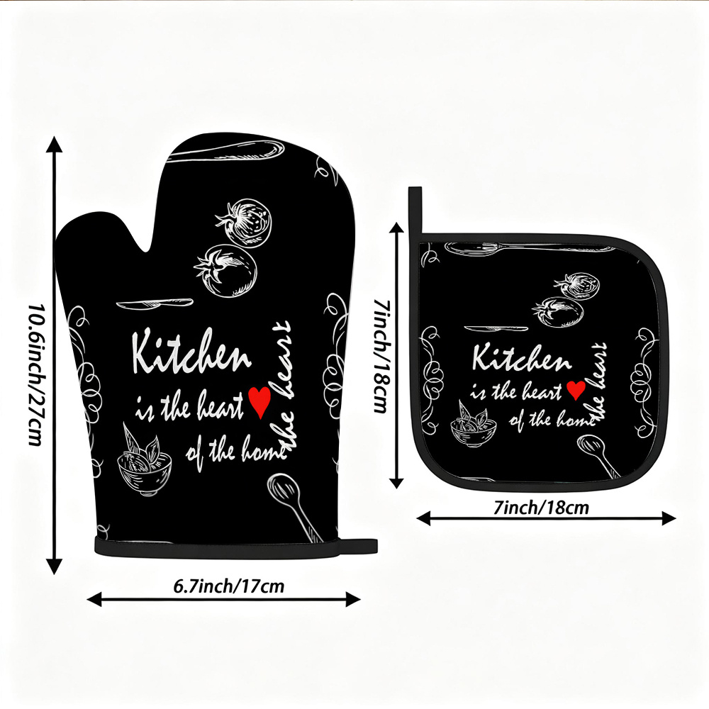 TEMU Ensemble de 2 gants de cuisine et maniques résistants à la chaleur, avec un design de style peint à et blanc avec des d'ustensiles de cuisine et