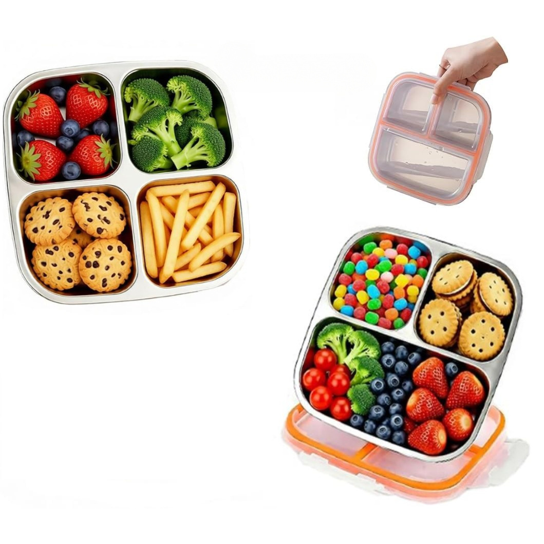 Image of Stainless Steel Snack Containers With Lids, 3& 4 Compartment Snack Box Containers Bento Box, Reusable Meal Prep Lunch Containers, Divided Food Containers For Camping, Office, Travel(1/2pcs)