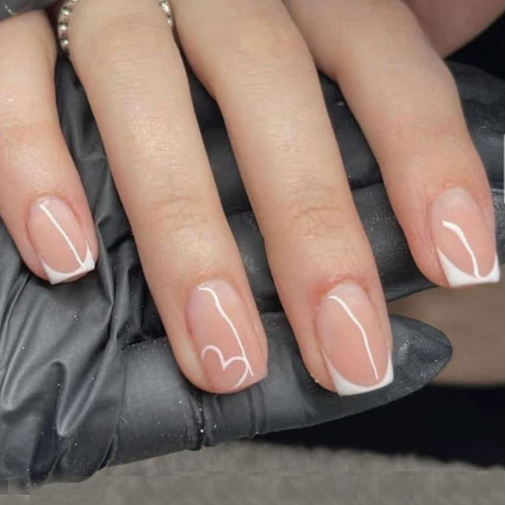 TEMU Kit de 24 uñas postizas de estilo de moda, cortas y cuadradas, con punta francesa blanca nude y lineal de , uñas de cobertura total que se