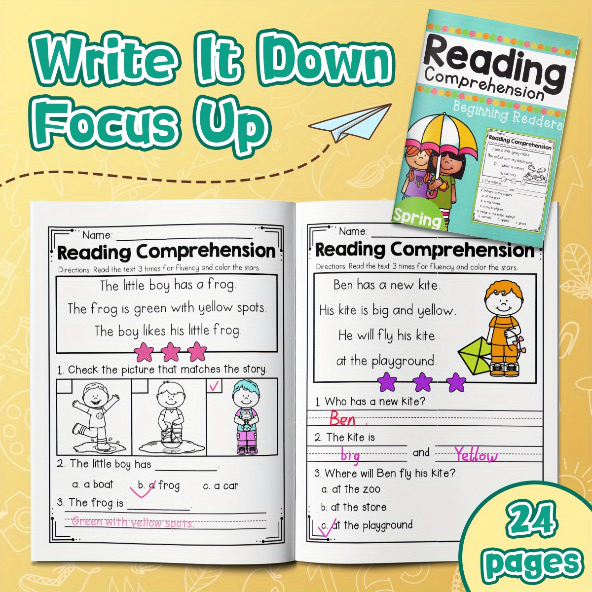 Spring Reading Comprehension Workbook for Beginning Readers: Short Stories with Picture Clues, Questions, and Writing Practice | 24 Pages of Fun Seasonal Literacy Activities