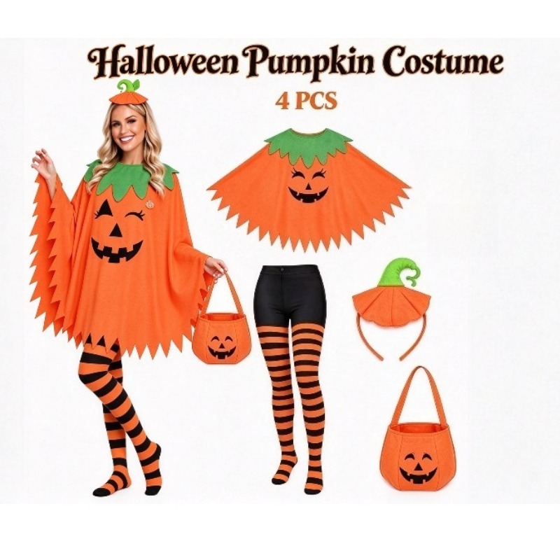 4pcs womens pumpkin costume set halloween pumpkin poncho with pumpkin headband striped tights and pumpkin candy bag for cosplay party