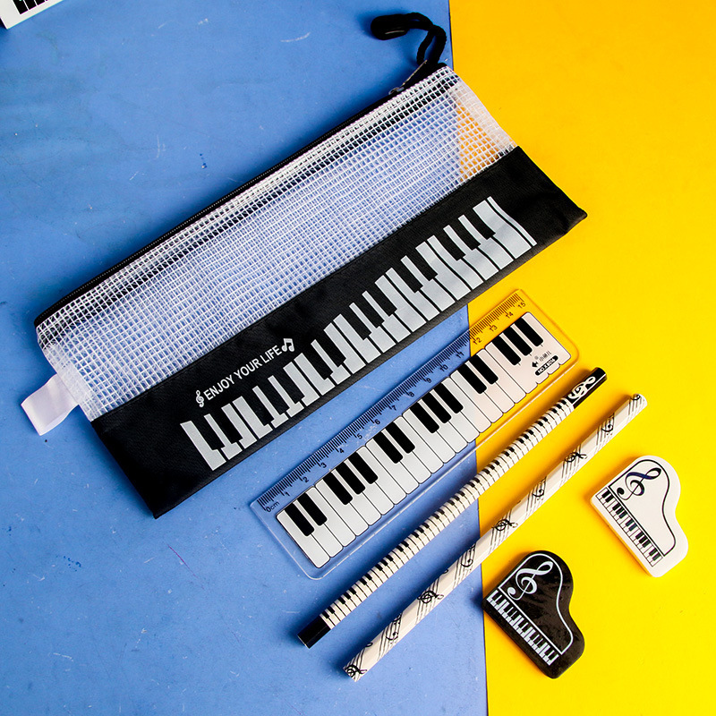音楽文具セット6点 ピアノ音符バッグ 定規 鉛筆2本 消しゴム2個 広告