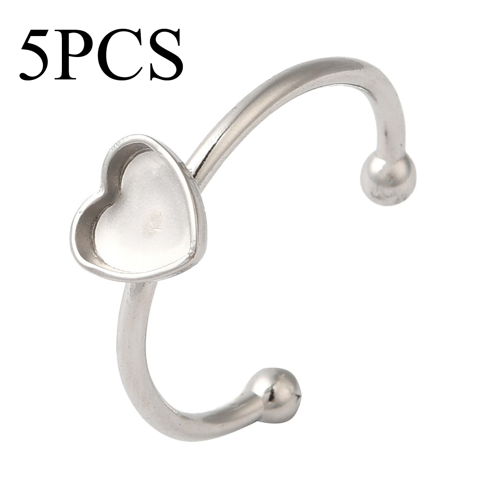 TEMU 5pcs 304 Stainless Steel Open Cuff Ring Components, Pad Ring Setting, Heart, Stainless , Tray: 6x6mm, 1.5mm, Adjustable, Diy Ring Making