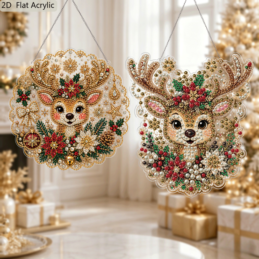 TEMU 2d Flat, 2pcs Christmas Pearl Suncatcher Kit, Christmas Deer Sign, 3d Pearl Diamond Painting Suncatcher Kit With Pre-assembled Metal Chain,