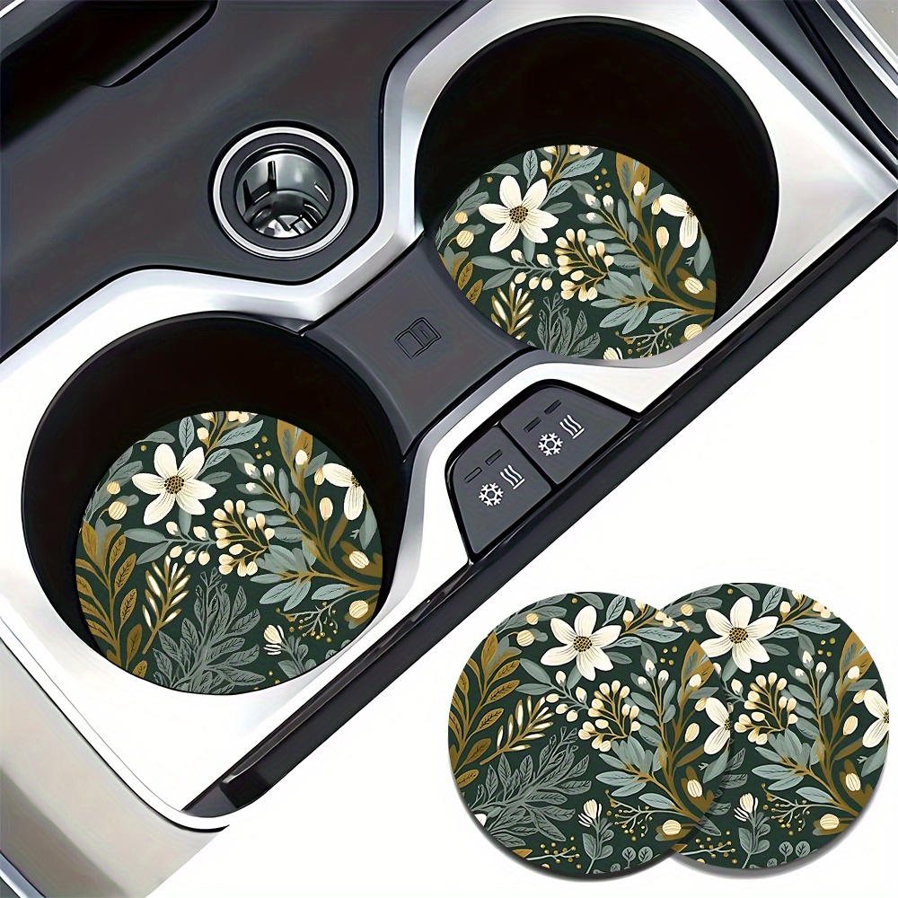 2pcs Green Flowers And Plants Car Coasters, Round Desk Water Cup Coasters, Car Interior Decorations And Gifts