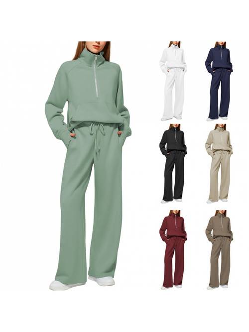 item picture 2 outfits for women oversized half zip sweatshirt and wide leg sweatpants set 2026 spring casual lounge tracksuit womens trendy 2 matching set oversized quarter zip pullover and loose wide leg trousers chic spring sporty outfits