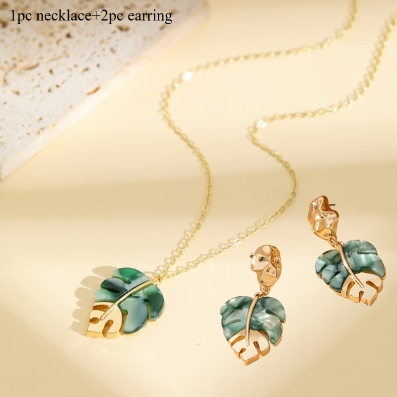 TEMU Parure de bijoux pour bohème élégant avec patchwork de feuilles irrégulières, comprenant des boucles d'oreilles et un collier, adaptée pour et