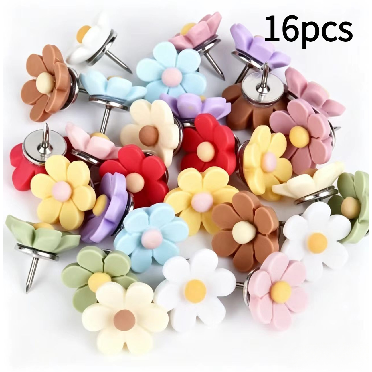 TEMU 16pcs Random Color Floral Pattern Push Pin Set - Resin Thumbtacks With Color-coded Flower Designs, Bulletin Boards And Cork Boards. Decorative