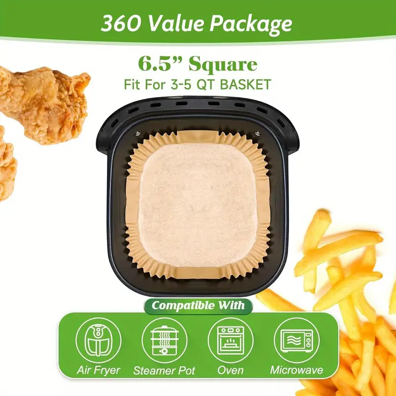 360pcs 6. unbleached heavy duty air fryer paper liners disposable, & non-leak parchment paper liners for airfryer basket, deep fryer parts & accessories, air fryer liners non stick, air fryer , air fryer liners large size, cooking accessories, food prep tools, nonstick surface, disposable liners, reusable alternative, material, baking liners, meal preppers, home cooks Product details 0