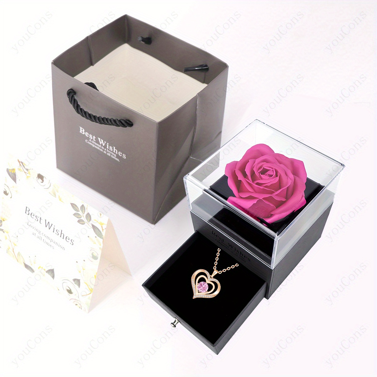 Women's Pink Birthstone Heart Pendant Necklace Gift Set