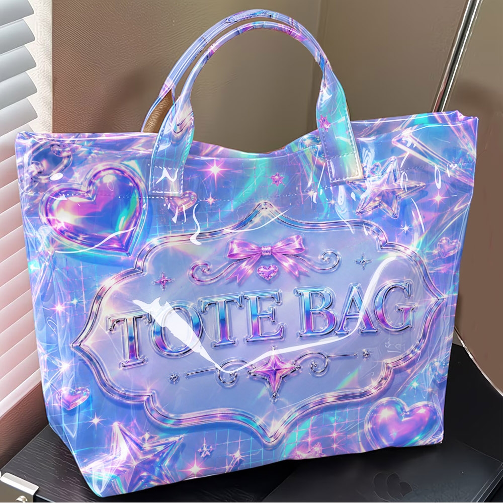 TEMU Holographic Iridescent Tote Bag With Star & Heart Patterns - Large Y2k Pvc Shoulder Purse Suitable For Party,, Shopping, Daily Use, Multicolor