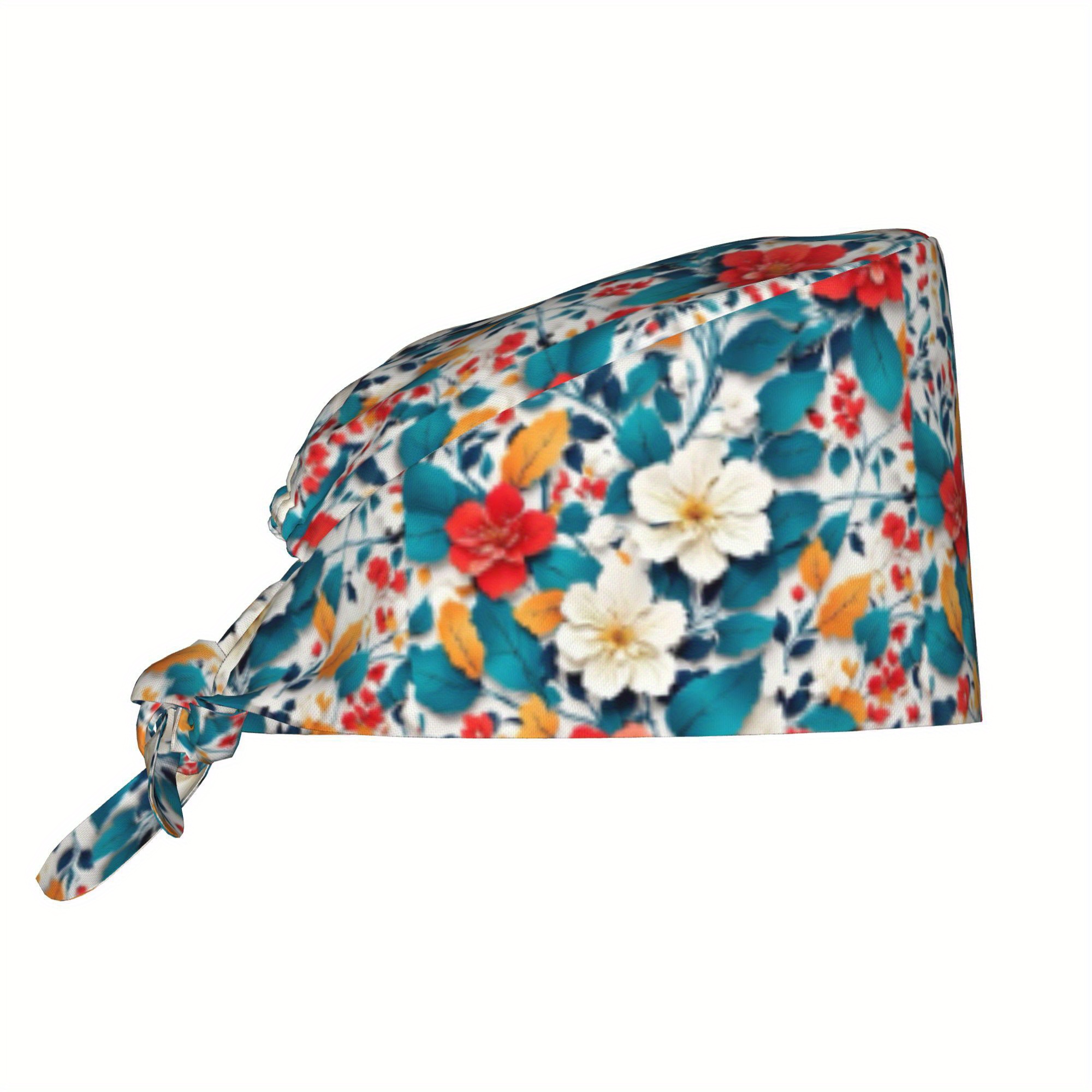 TEMU 1pc Of Floral Unisex Trendy Printed Work Cap - Lightweight Adjustable Skull Cap With Tie-back For Nurses, Dustproof Chef And Cooking Cap, Hats