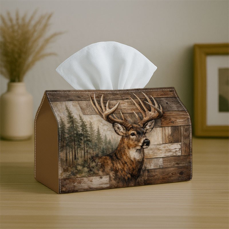 TEMU [jit]2d Flat 1pc Tissue Box Deer Panel Art On Rustic Wildlife Portrait- Multifunctional Napkin Dispenser For Home, Party, Car Decor- Decorative