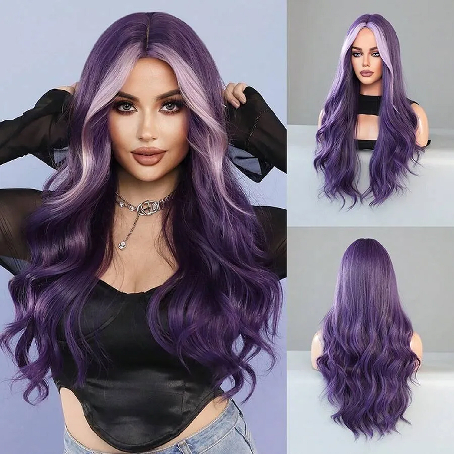 Purple Ombre Long Wavy Wig with Lavender Highlights