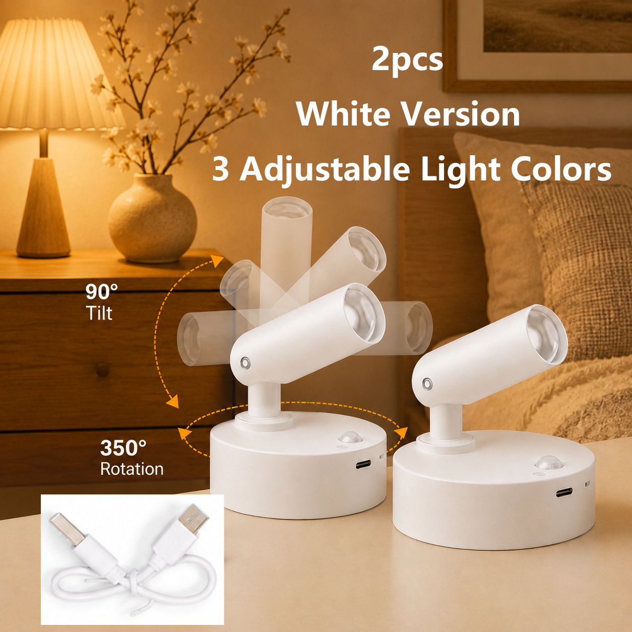 TEMU 2pcs Round Induction Wall Light, 350° Rotation & 90° Up/down Adjustable, Dimmable High- Night Light. Suitable For Bedrooms, Bedside, Artwork,