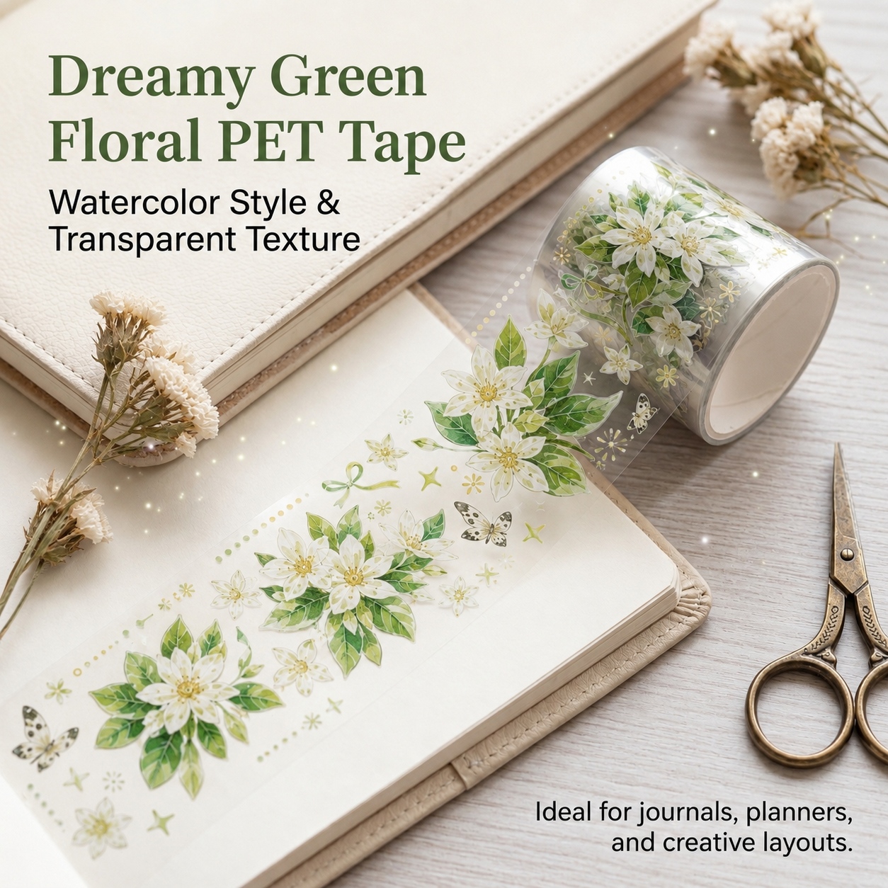 TEMU 1 Roll Green Floral Transparent Pet Tape, Decorative Washi Tape With White Flowers, Green Leaves, Yellow Bows And Butterflies, 2m Tape For