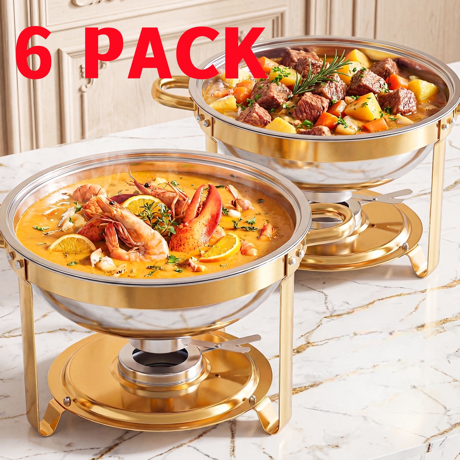 Image of Chafing Dishes For Buffet Set, 1/2/4/6 Pack 6qt, No Assemble 408 Stainless Steel Food Warmers For Catering, Parties & Events, All Golden Colors Chafing Dish Buffet Set- Cooking