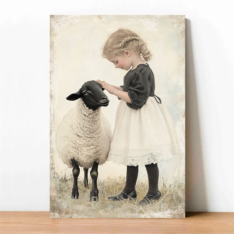 

1pc Vintage-style Canvas Poster, Cute Girl And Sheep , , Ideal For Living Room, Kitchen Decor, Home Decoration, 11.8x15.7 Inches