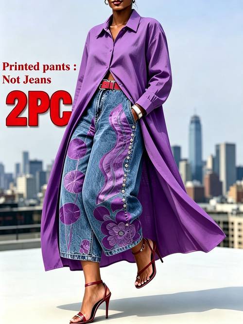 2pcs printed set long button shirt and wide leg printed trousers casual urban daily outfit for spring autumn