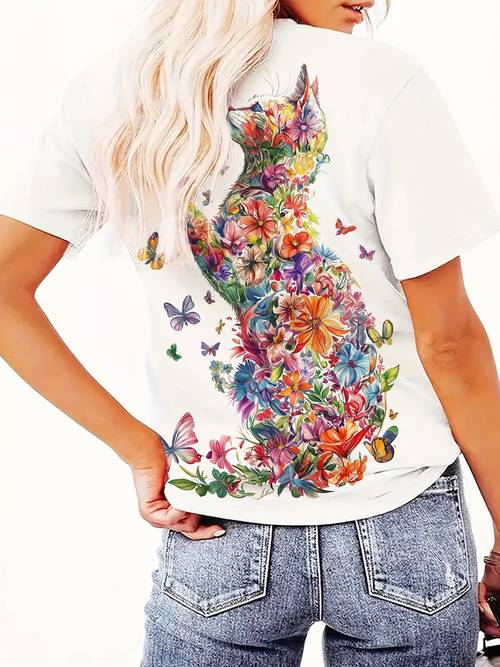 womens clearances short sleeve t shirt not texture suitable for body types loose neck compatible top with cat print machine washable casual summer for casual attire