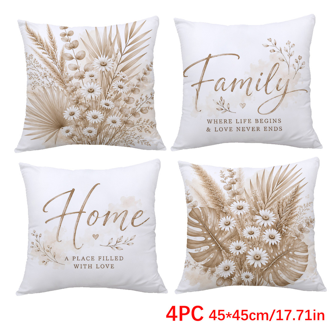 TEMU 4pcs Set, Single-sided Printed Pillowcases, -colored Floral Illustration Pillowcases, 17.71 X 17.71 Inches, Home Decor Pillowcases Suitable For