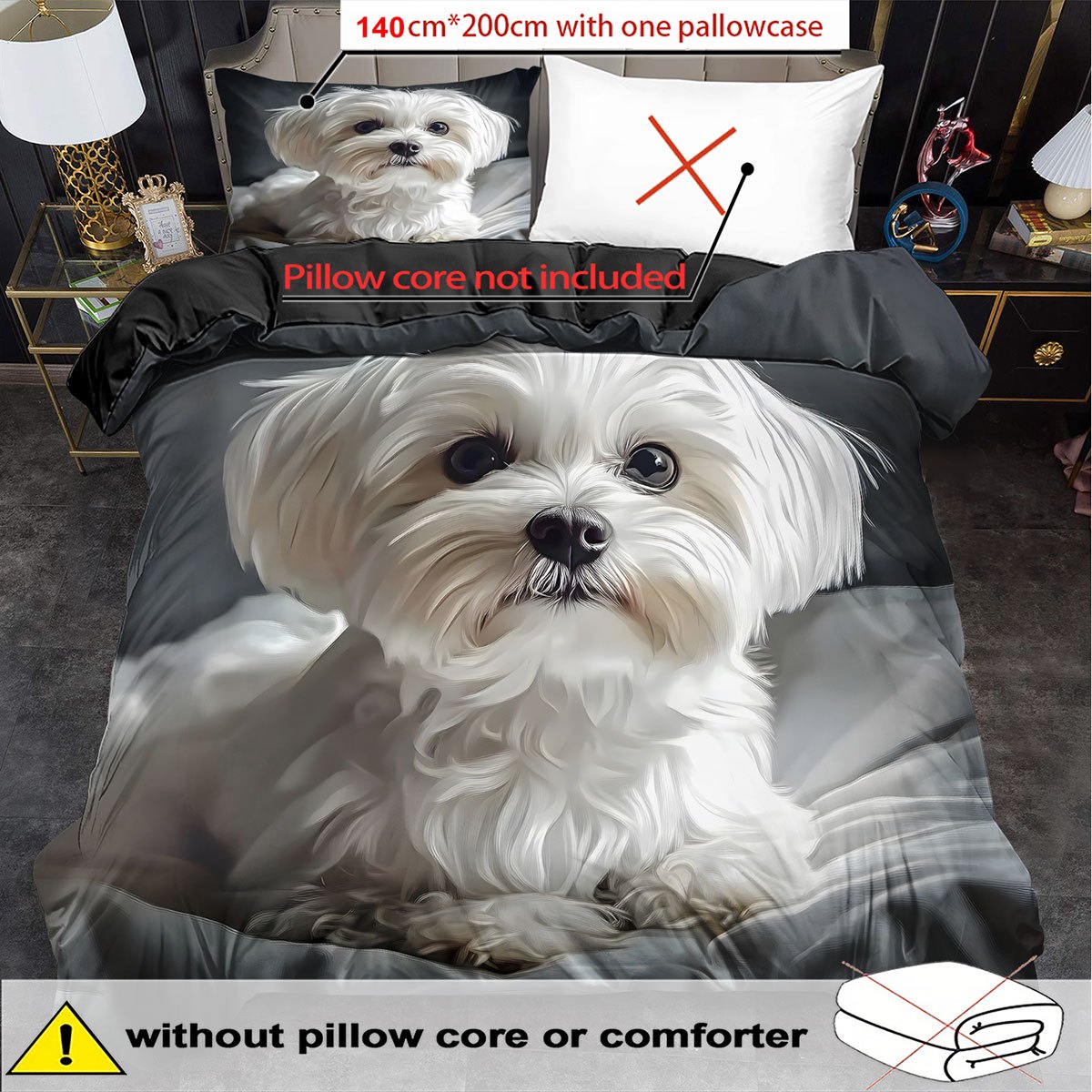 TEMU Grey Duvet Cover Set Animal Bedding Dog Print Comforter Cover Maltese Dog Bedding Animal Room Decor Birthday And Holiday Gifts-2/ 3pcs 2d Flat