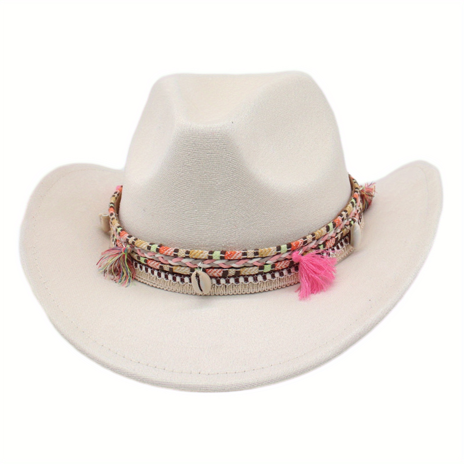 White Wide-Brim Fedora with Beaded Fringe Trim Cowboy Hat With Rhinestone Fringe,black Cowboy Hat, White  main image 2
