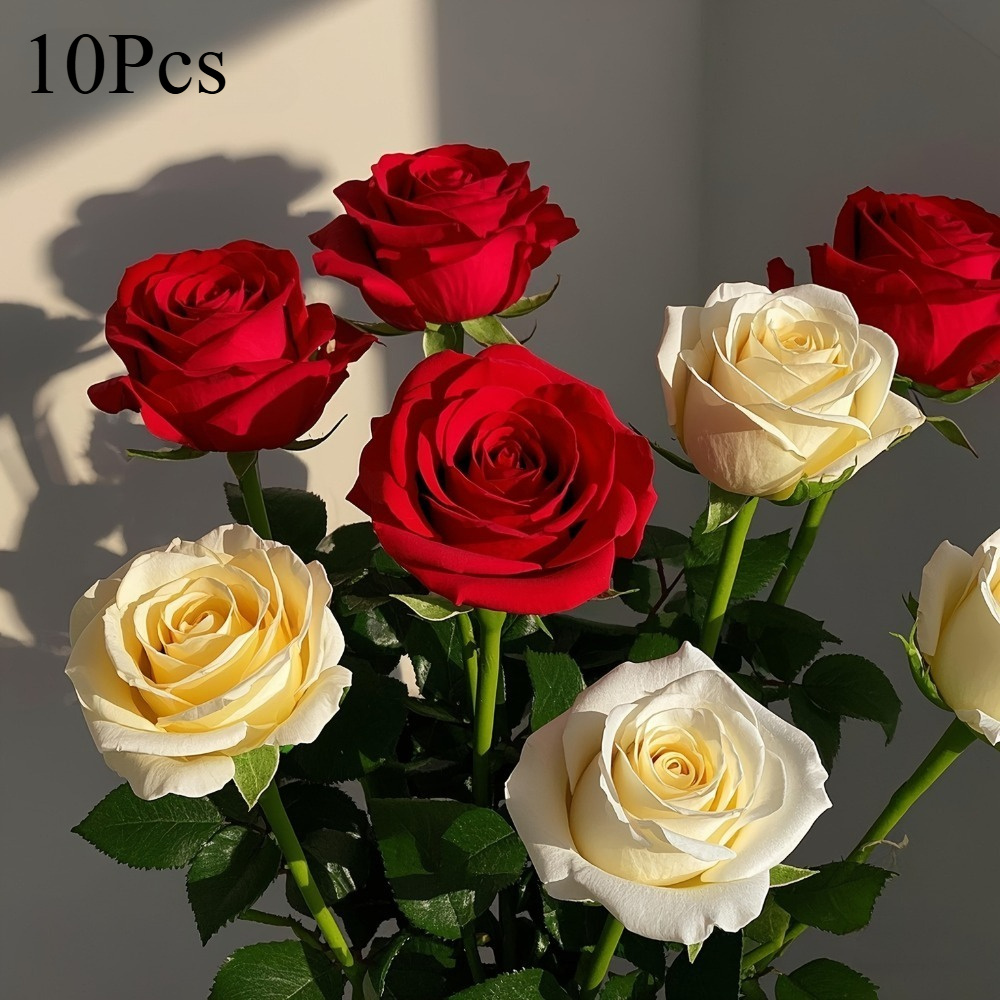 TEMU 10 Stems Of Artificial Roses - Realistic Long-stem Roses In Multiple Colors, Suitable For Weddings, Mother's Day, Halloween, Christmas, Home