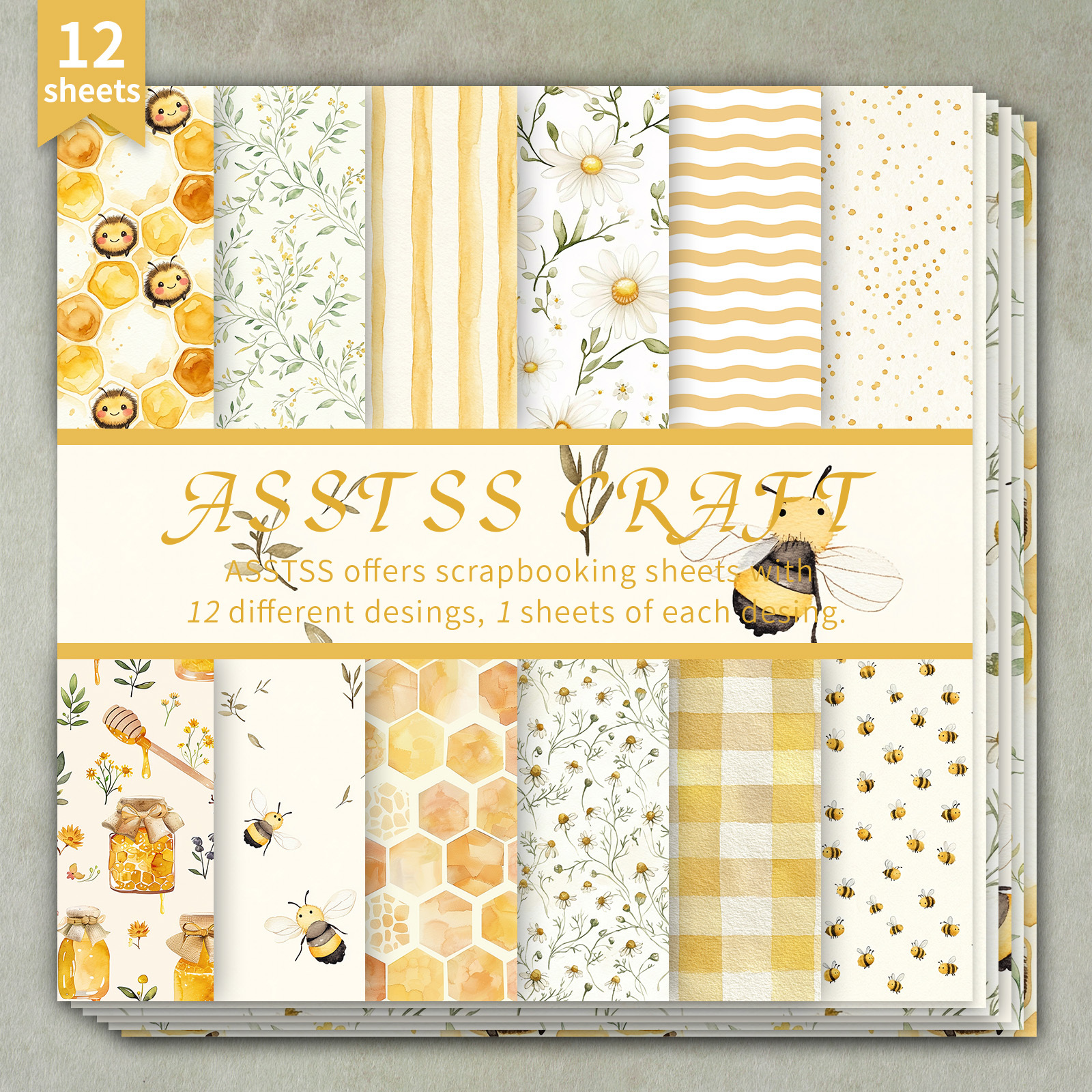 12 listov ASSTSS palcev papirja za scrapbooking, vodni akvarel čebel in med, potrebščine za podlogo, težki karton za journaling, kolaž, in obrt,
