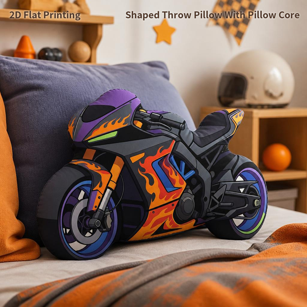 TEMU 1 pièce Coussin décoratif en peluche de moto de sport, moto de course, flamme, Hot Rod, sportbike, impression 2D à plat, pour cadeau, chambre,