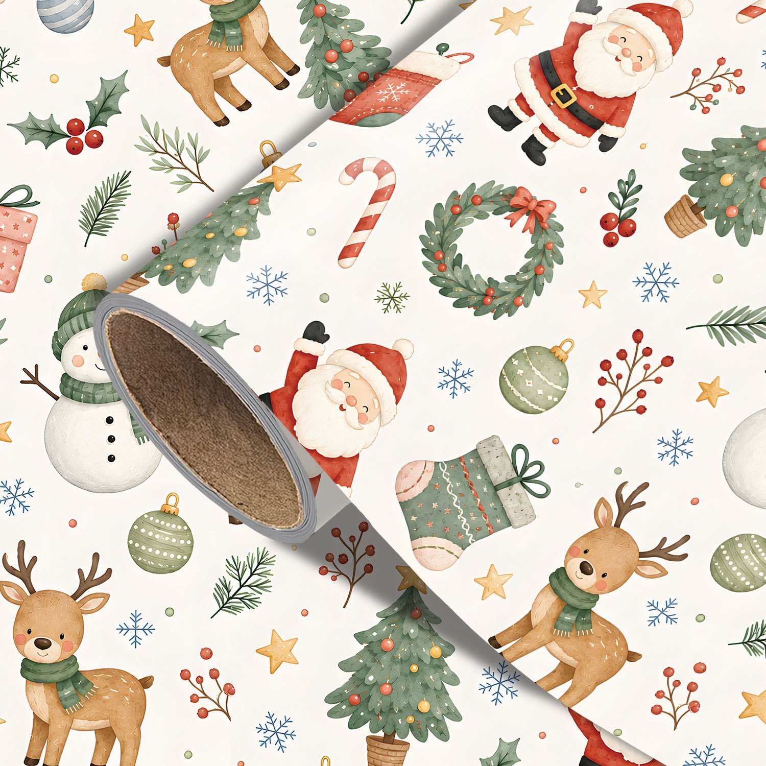 TEMU Klassiek Kerstverpapier Rol - 17.7 X 118 Inches, Kerstman Sneeuwpop en Rendier Cadeaupapier met Kerstbomen, Snoepstokjes en Winter Iconen voor
