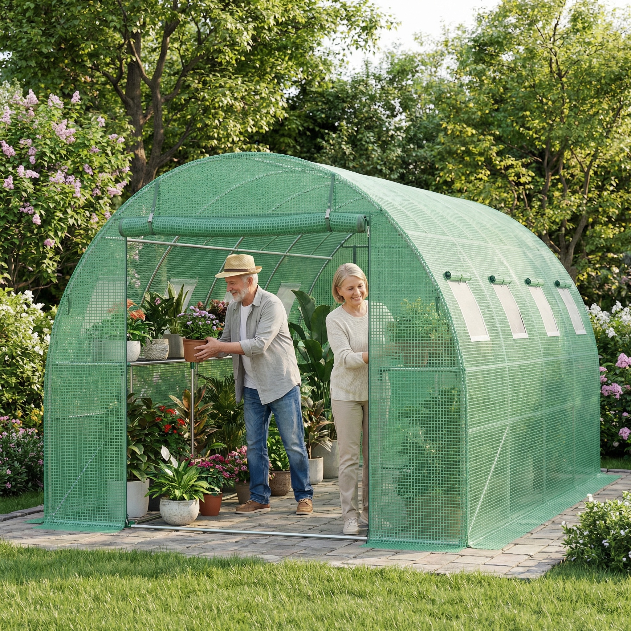 Greenhouse 3 X 2m / 3 X 4m / 3 X 6m / 3 X 8m, Film Greenhouse, Cold-resistant, With Windows And Doors, 140g/m² Pe Film, Film Tunnel With Galvanized , Suitable For Gardens, , And Seedling Cultivation