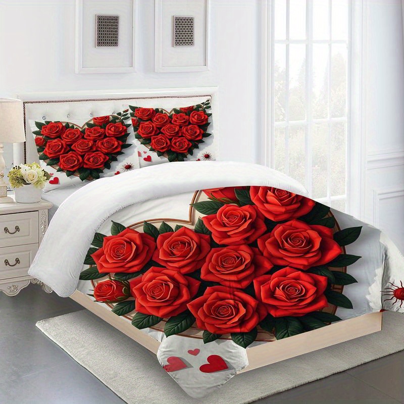 3pcs red   pattern bedding   design,   theme duvet   with pillowcases, soft microfiber fabric for master bedroom home decor, valentine s day wedding gift 1 duvet  +2 pillowcases, home decoration, bedroom decor,  , romantic decor, durable material, comfortable fabric, decorative bedding, pillowcase set,  , couples gift Product details 2
