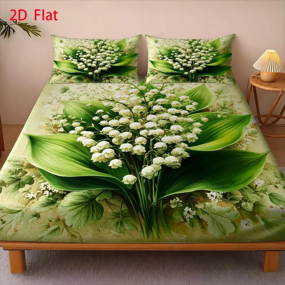 TEMU 3pcs Mattress Protector Set, 1 Fitted Sheet + 2 Pillowcases, No Filling, Lily Of The Valley Theme, Vintage Oil Painting Style, Spring, Suitable