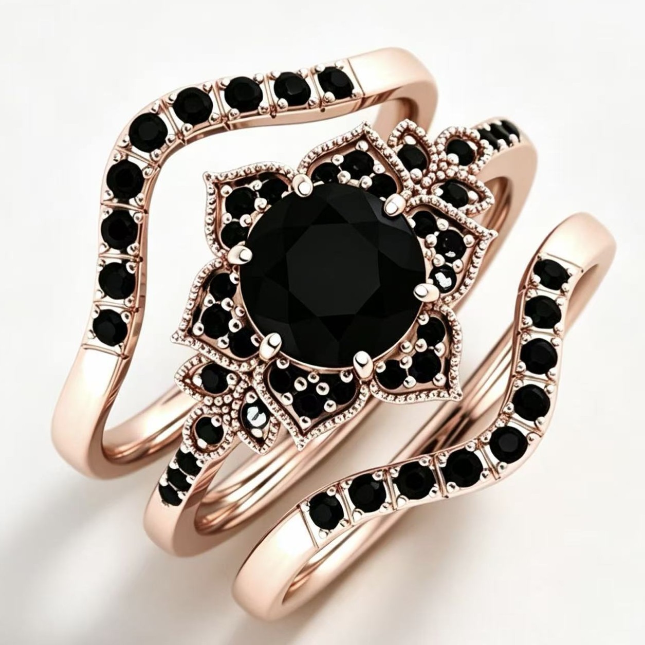 TEMU Ensemble de 3 bagues en argent 925, nouveau produit tendance, or rose, pour femme, pour mariage, style rétro rose et noir