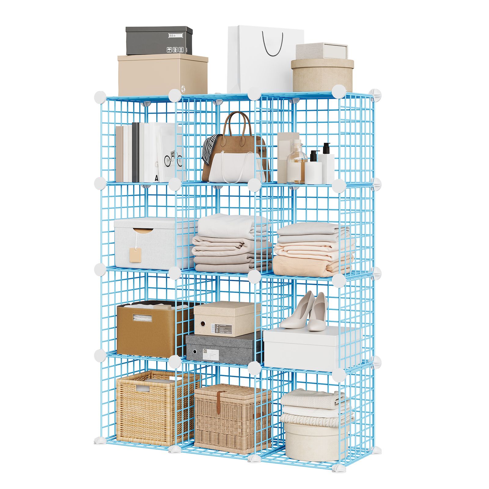 Durable Pvc Storage Cabinet With 12 Iron Mesh Compartments | Multi-grid Organizer For Efficient Space Management, Contemporary Style, Mixed Color, Pre-assembled
