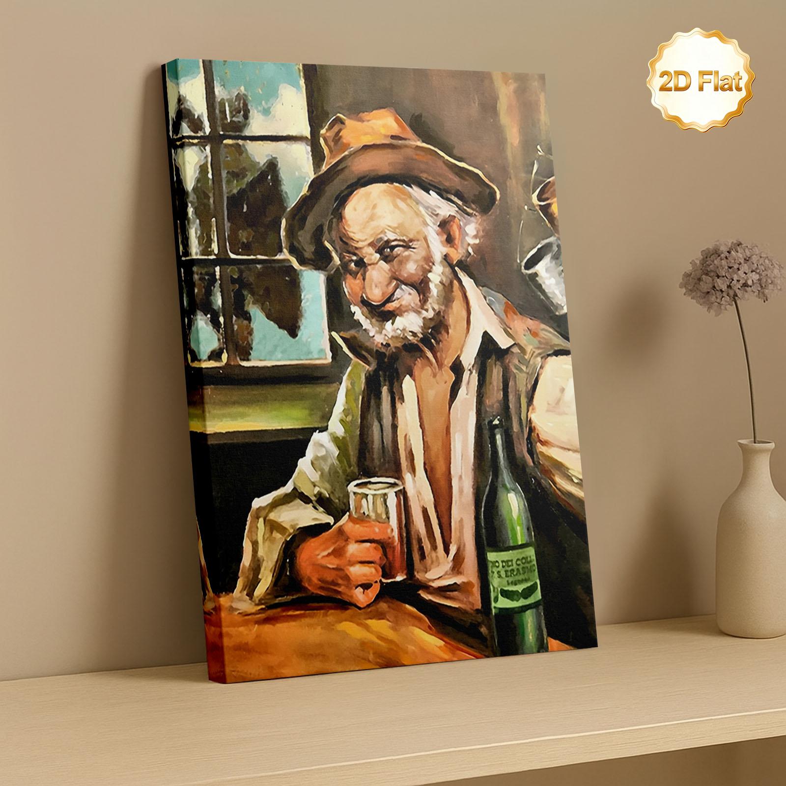 TEMU 2d Flat, Vintage Framed Canvas Wall Suitable For Wine Bars, Rustic Men' Drinking Paintings - Retro Country-themed With Wrap-around Frame, Decor