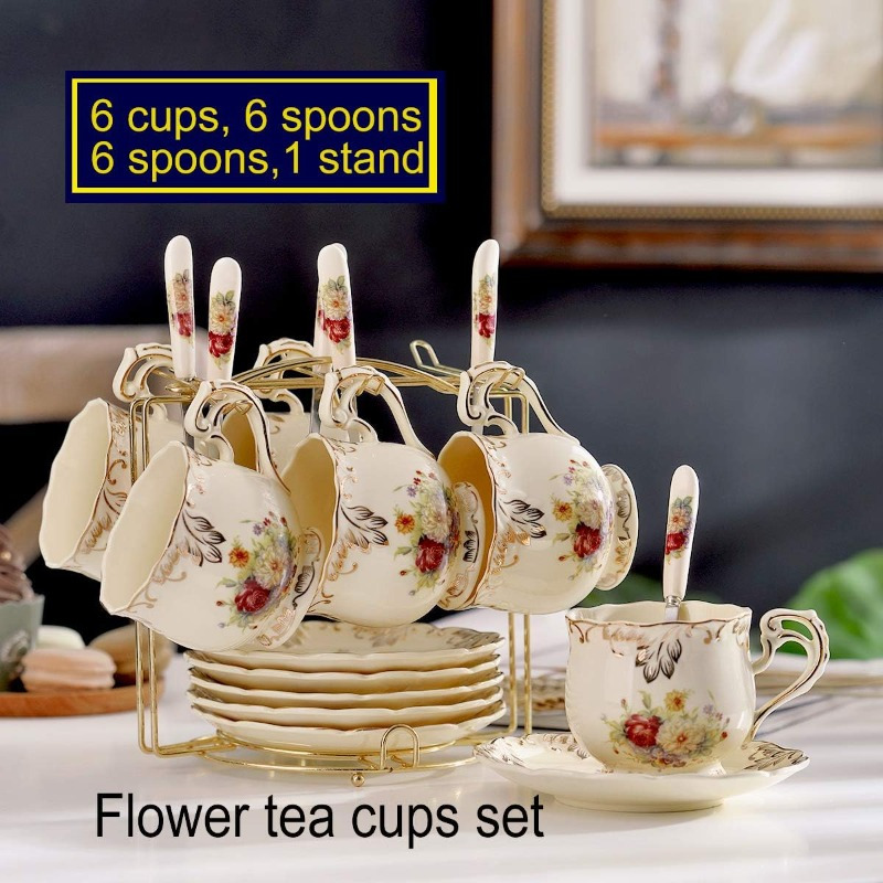 flowering shrubs tea cups and saucers set of 6 ivory ceramic floral tea cups set with golden rack coffee cups 8oz, cups for tea, porcelain tea cup, teacup, tea sets, elegant tableware, tea party supplies, vintage tea ware, decorative teacups,   cups,   porcelain,  , home   Product details 1