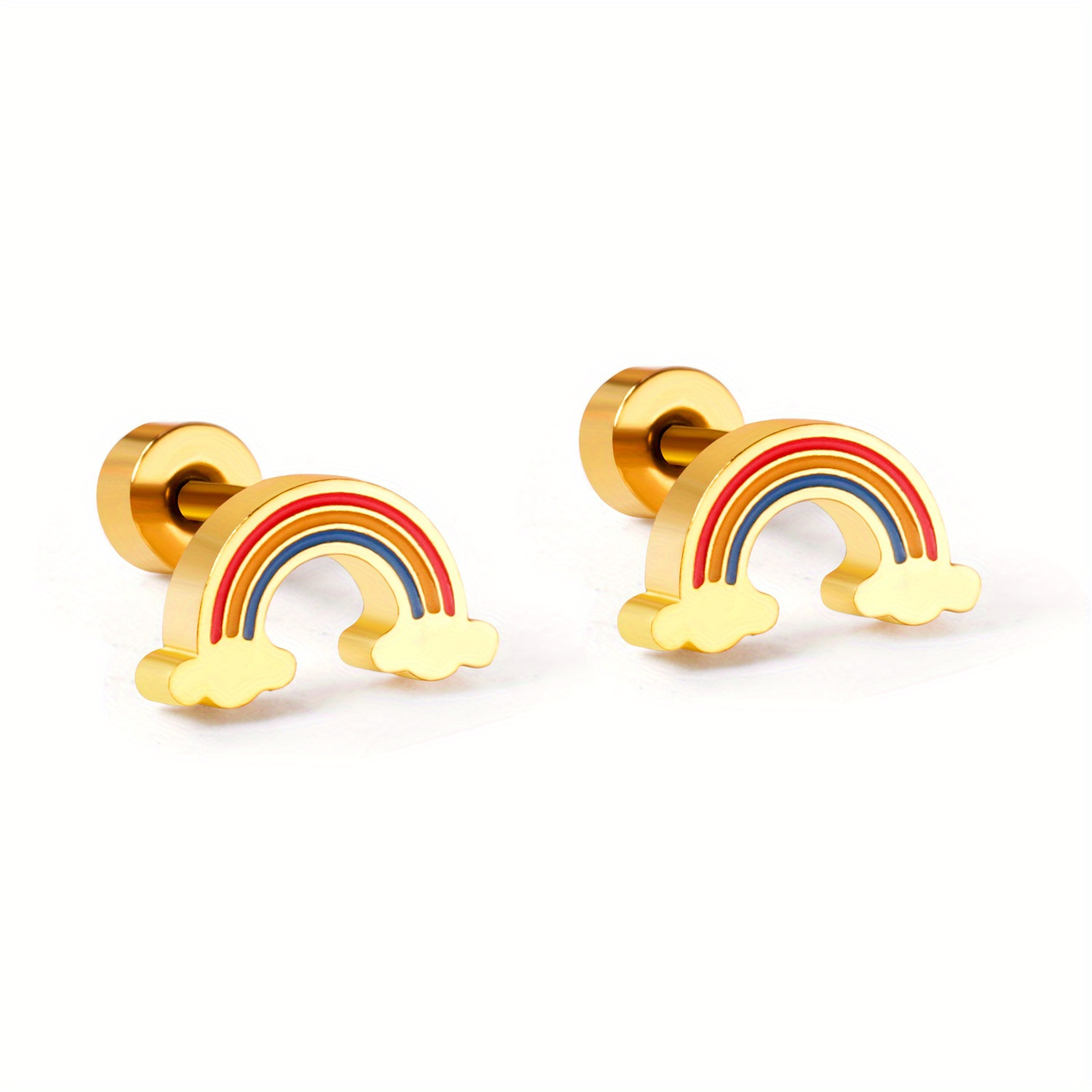 Rainbow Cloud Stud Earrings Golden Tone Colorful Women Wedding