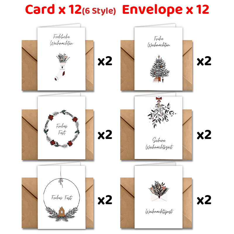 

24- Multilingual Greeting Envelopes - Christmas & 2025 Wishes, Frohe Weihnachten, You For & Parties