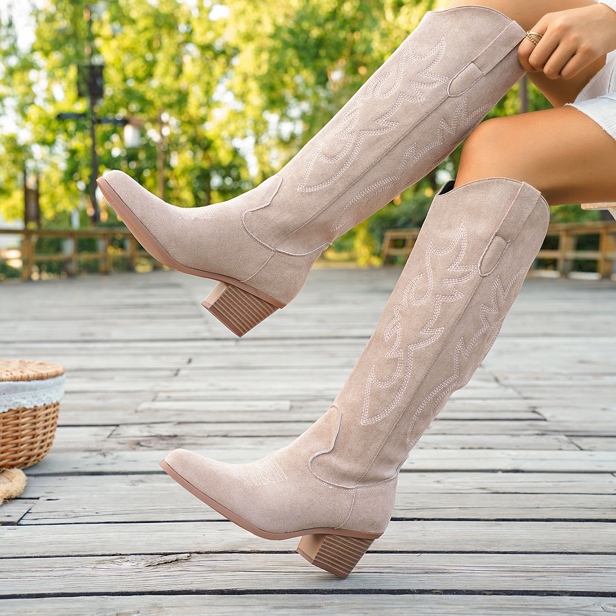 TEMU Time Hoo Vintage Embroidered Western Cowboy High-top Boots For Women, Chunky Heel Matte Long Boots, Pair With Dresses And Skirts, American