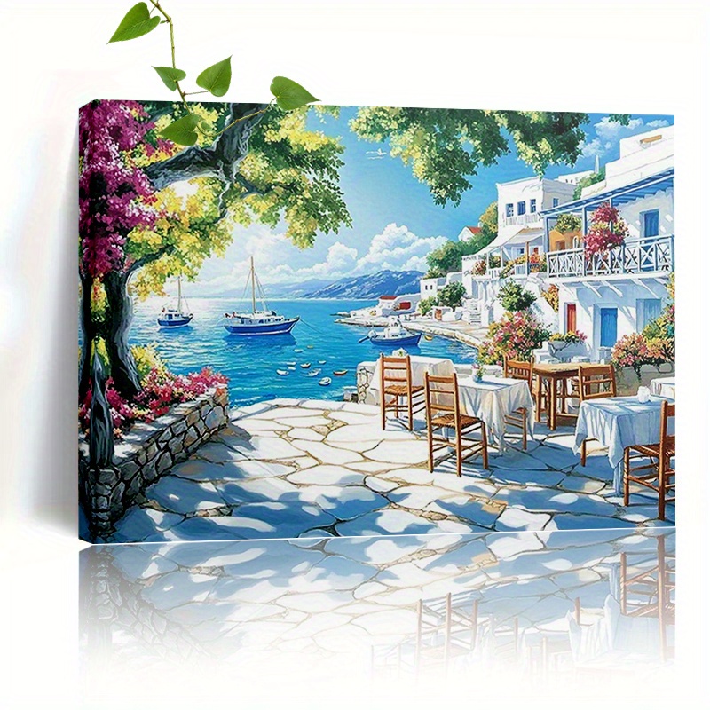 TEMU 2d Flat, 2d Flat, 1pc Framed Canvas Painting, " Mediterranean Seaside Scene Wall Art Print" Coastal Decor For Home " 19.99x/x The Sizes Are