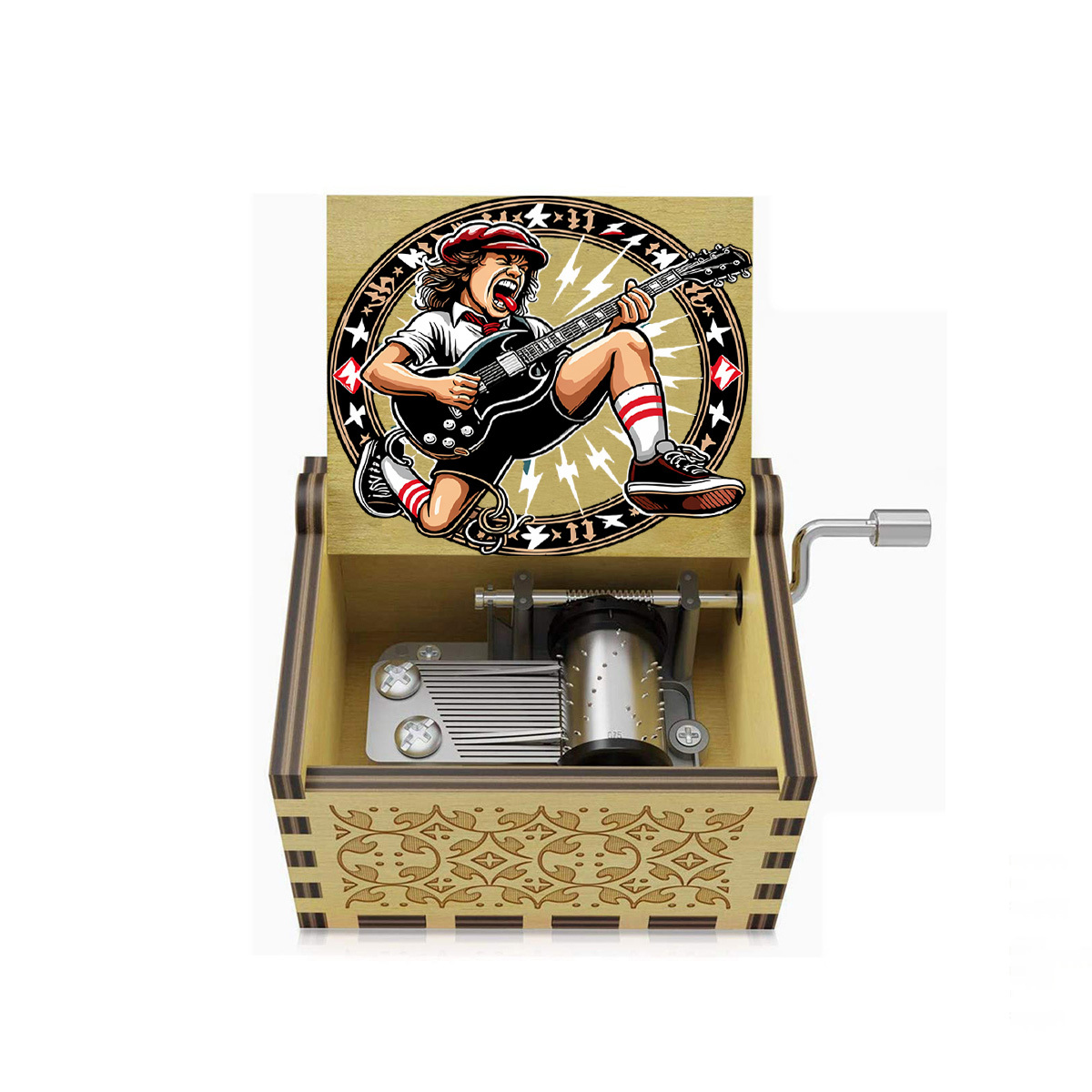 TEMU . Holz Musikbox im Rock-Stil mit Handkurbel, blickseitig , dynamisches Gitarren-Performance-Muster, einzigartiges Design, keine Stromversorgung