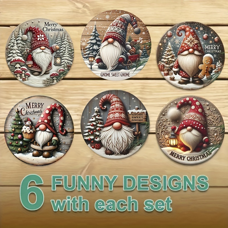 6pcs Christmas Gnome Pattern Wooden Coasters - Heat Resistant, Home Drink Mats
