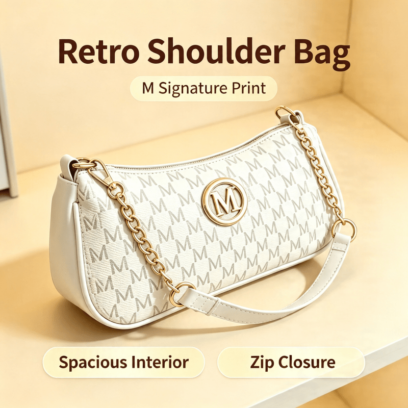 Women Vintage M Letter Monogram Shoulder Handbag, Retro Underarm Crossbody Bag With Dual Strap, Elegant Small Hobo Purse, Fashion Daily Bag For Work Shopping Travel Perfect Gift