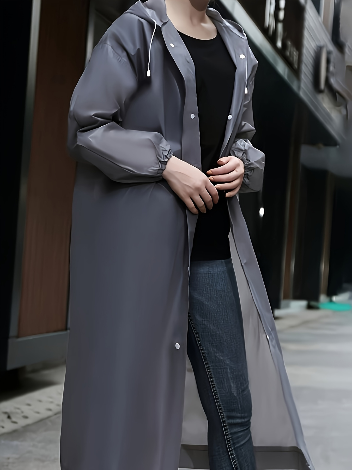 stylish hooded high quality raincoat reusable thick eva insulated windbreaker with adjustable drawstring and button closure semi transparent long sleeve   suitable for hiking outdoor activities daily commuting adult use sporty design 120cm length 70cm sleeve length 70cm waist size Product details 1