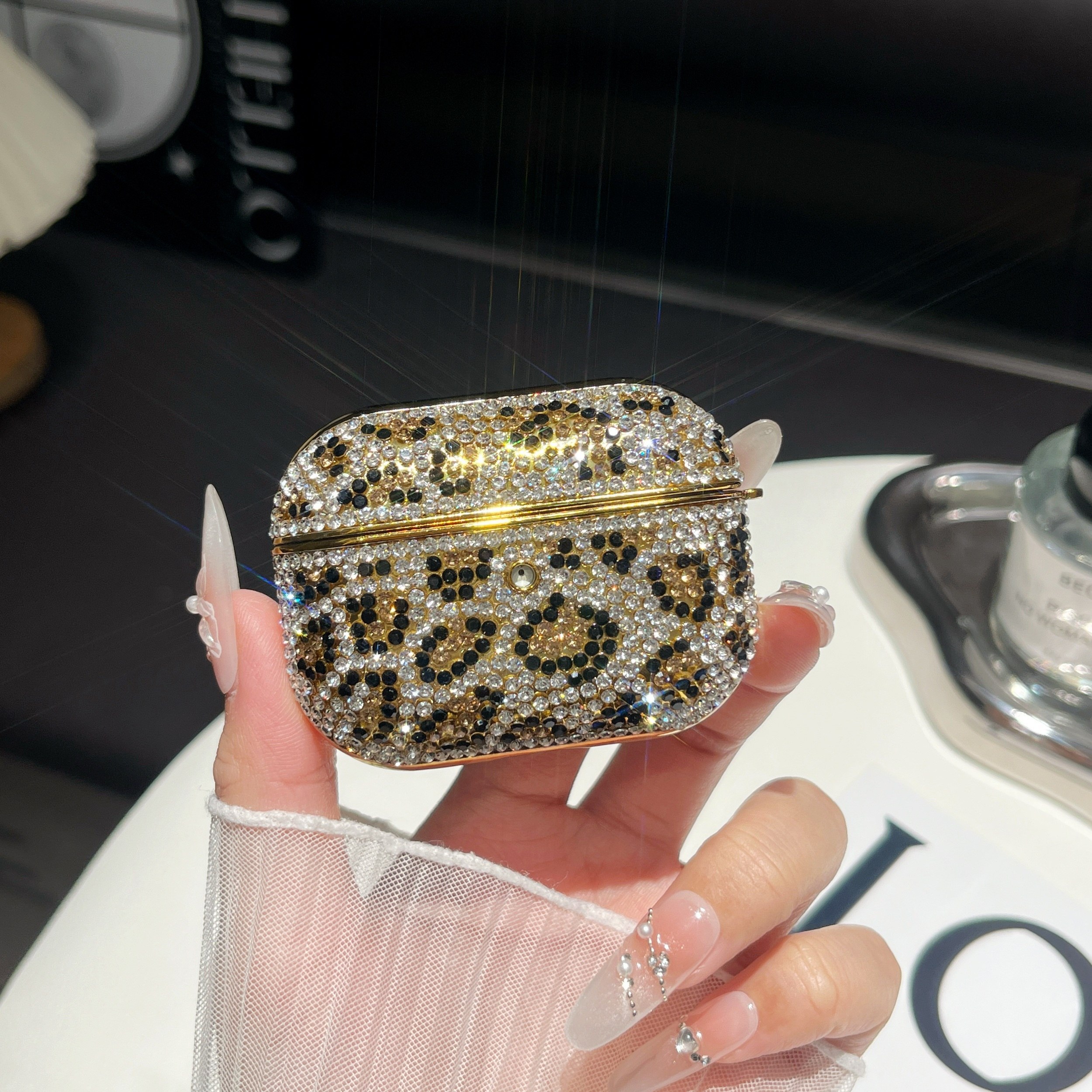 Compatible With Airpods Pro 2, Plated Leopard Print With Diamond Accents, Light Luxury High-end Earphone Case